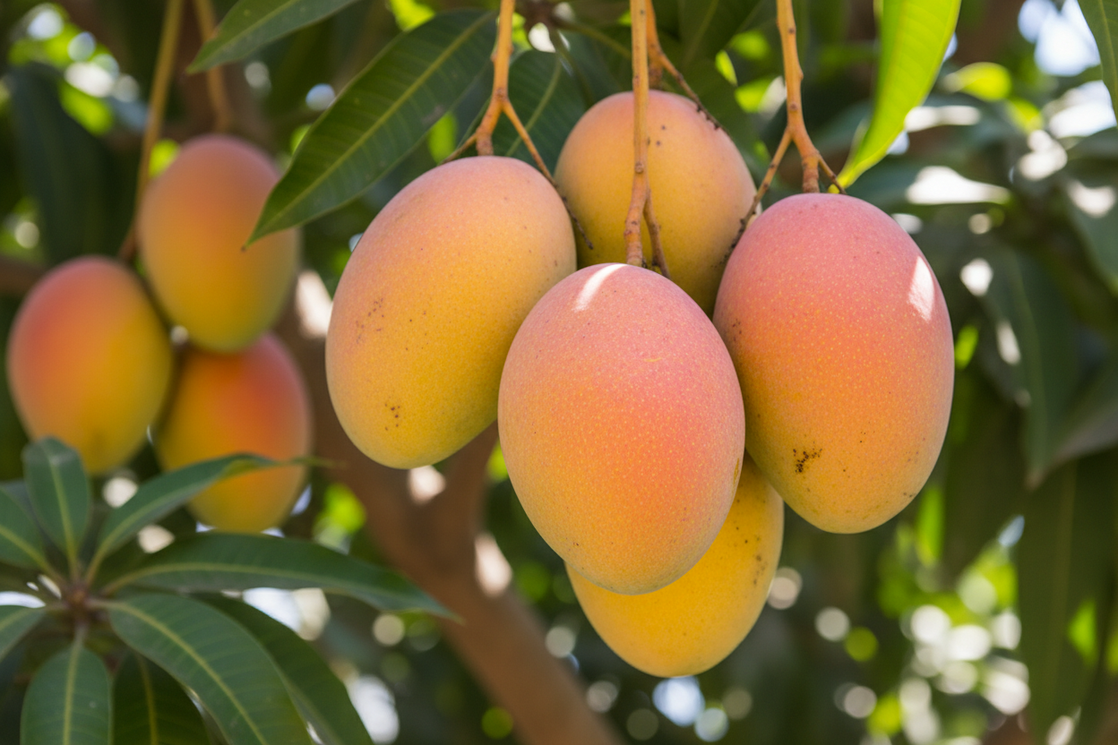arbol de mango, que se vean los mangos de cerca